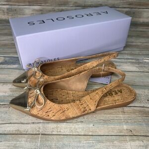 AEROSOLES Cork Slingback Flats with Metallic Gold Cap Toe and Bow Accent